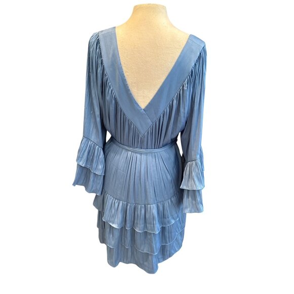 Free People Blue Ruffled Mini Dress With Tie Waist & Bell Sleeves - Size L - Picture 3 of 8